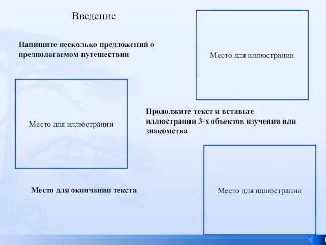 Введение Напишите несколько предложений о предполагаемом путешествии Место для иллюстрации