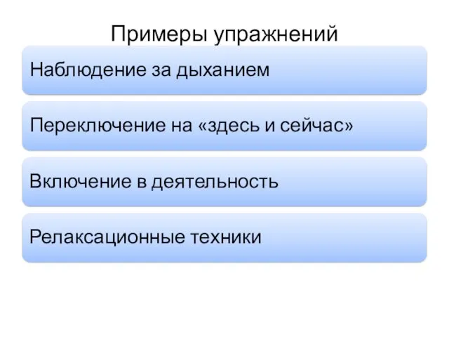 Примеры упражнений Наблюдение за дыханием Переключение на «здесь и сейчас» Включение в деятельность Релаксационные техники