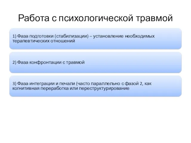 Работа с психологической травмой 1) Фаза подготовки (стабилизации) – установление