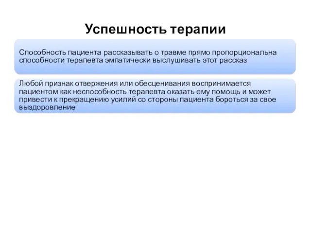 Успешность терапии Способность пациента рассказывать о травме прямо пропорциональна способности