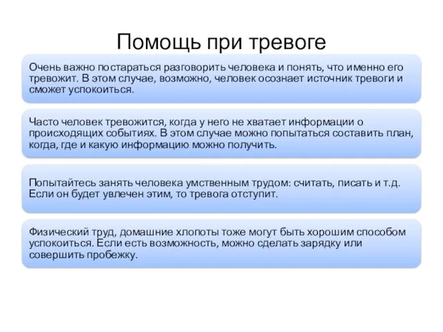 Помощь при тревоге Очень важно постараться разговорить человека и понять,