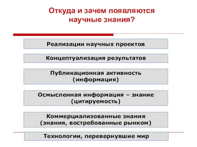 Реализации научных проектов Концептуализация результатов Публикационная активность (информация) Осмысленная информация