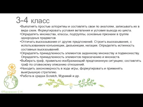 3-4 класс Выполнять простые алгоритмы и составлять свои по аналогии,