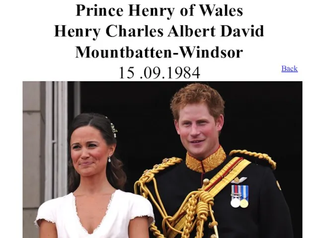 Prince Henry of Wales Henry Charles Albert David Mountbatten-Windsor 15 .09.1984 Back