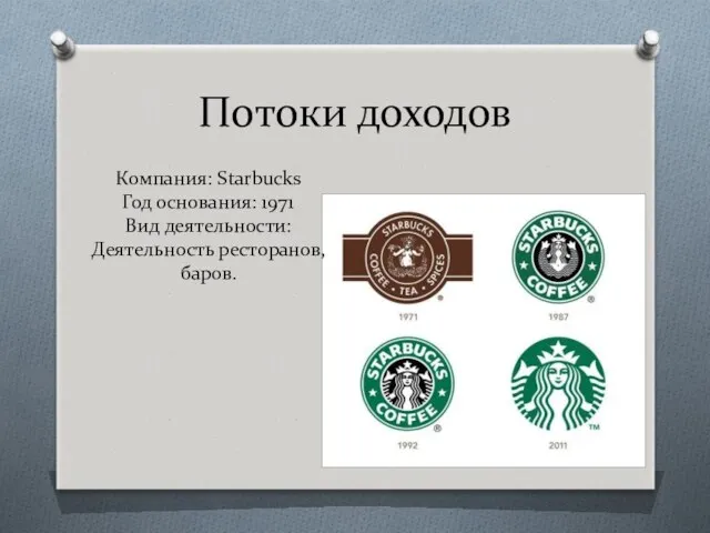 Потоки доходов Компания: Starbucks Год основания: 1971 Вид деятельности: Деятельность ресторанов, баров.