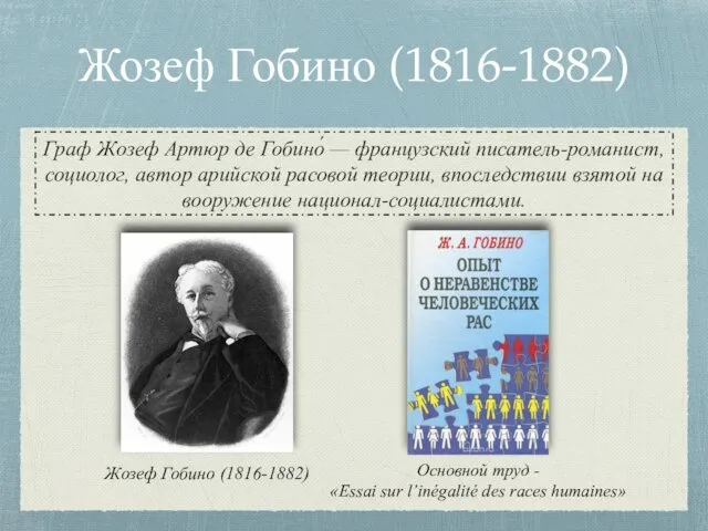 Жозеф Гобино (1816-1882) Граф Жозеф Артюр де Гобино́ — французский писатель-романист, социолог, автор