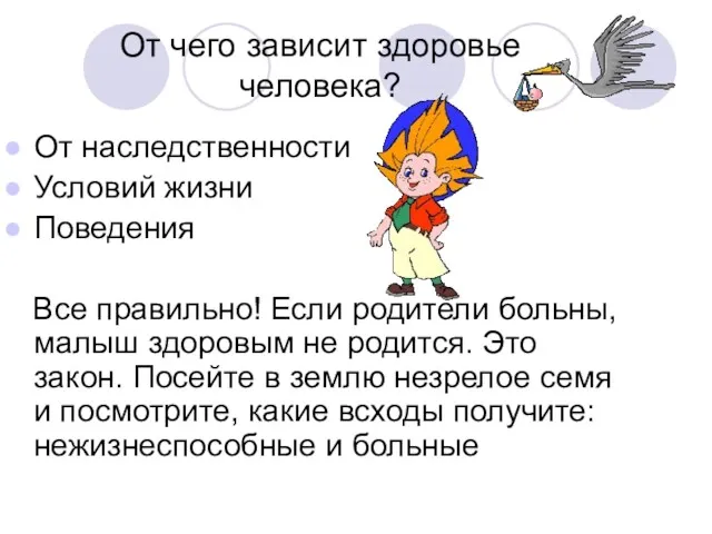 От чего зависит здоровье человека? От наследственности Условий жизни Поведения