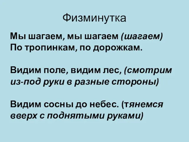 Физминутка Мы шагаем, мы шагаем (шагаем) По тропинкам, по дорожкам.