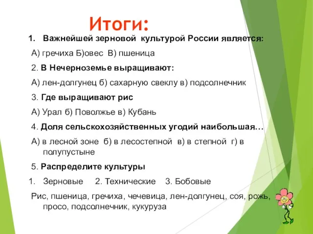 Итоги: Важнейшей зерновой культурой России является: А) гречиха Б)овес В)