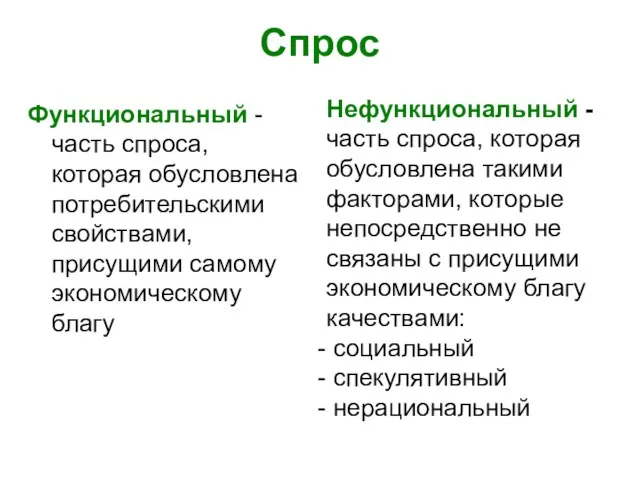 Спрос Функциональный - часть спроса, которая обусловлена потребительскими свойствами, присущими