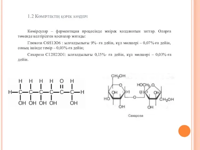 1.2 Көміртектің қорек көздері Көмірсулар – ферментация процесінде жиірек қолданатын