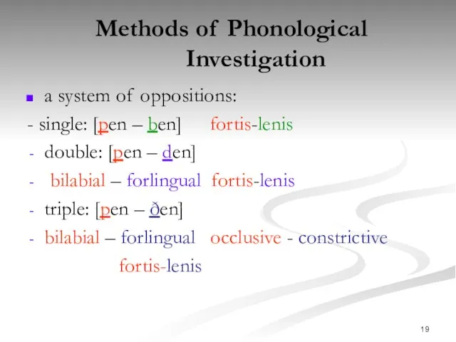 Methods of Phonological Investigation a system of oppositions: - single: