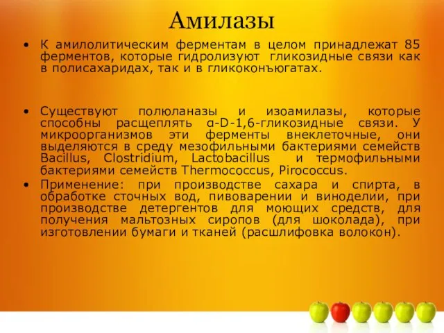 Амилазы К амилолитическим ферментам в целом принадлежат 85 ферментов, которые гидролизуют гликозидные связи