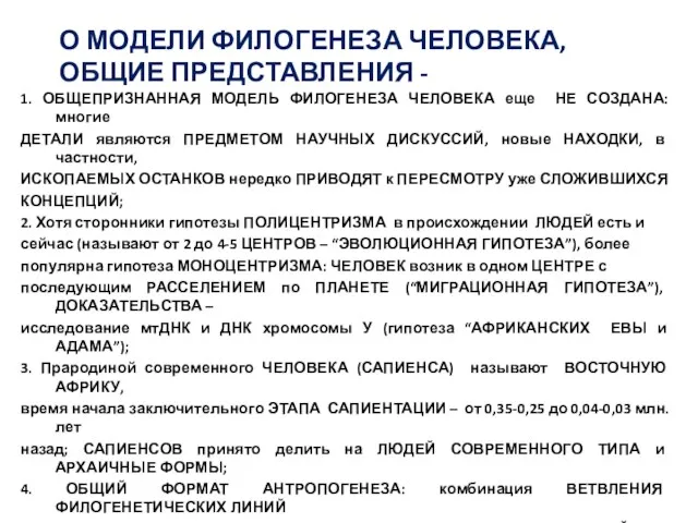 О МОДЕЛИ ФИЛОГЕНЕЗА ЧЕЛОВЕКА, ОБЩИЕ ПРЕДСТАВЛЕНИЯ - 1. ОБЩЕПРИЗНАННАЯ МОДЕЛЬ ФИЛОГЕНЕЗА ЧЕЛОВЕКА еще