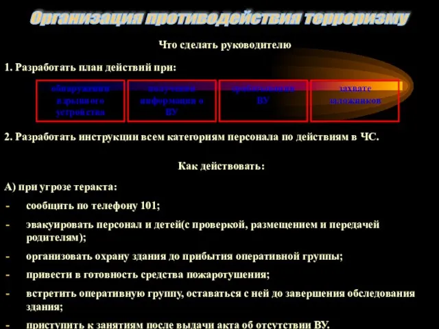 Организация противодействия терроризму Что сделать руководителю 1. Разработать план действий