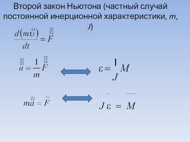 Второй закон Ньютона (частный случай постоянной инерционной характеристики, m, J)