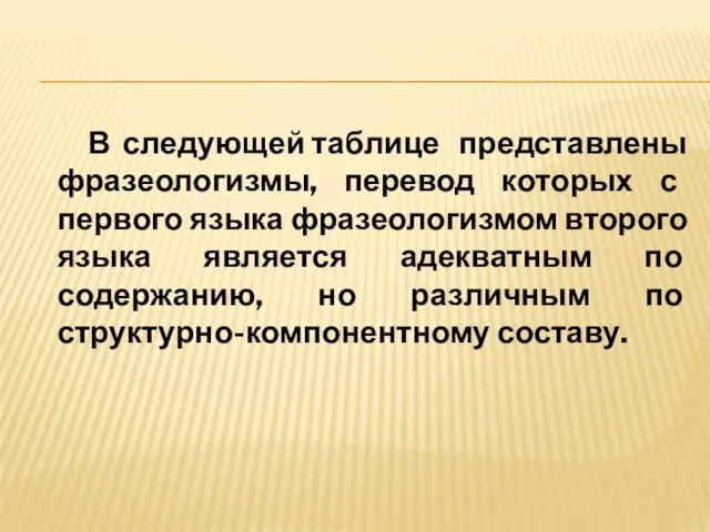 В следующей таблице представлены фразеологизмы, перевод которых с первого языка