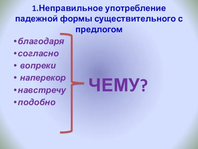 благодаря согласно вопреки наперекор навстречу подобно 1.Неправильное употребление падежной формы существительного с предлогом ЧЕМУ?