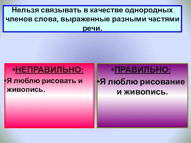 Нельзя связывать в качестве однородных членов слова, выраженные разными частями