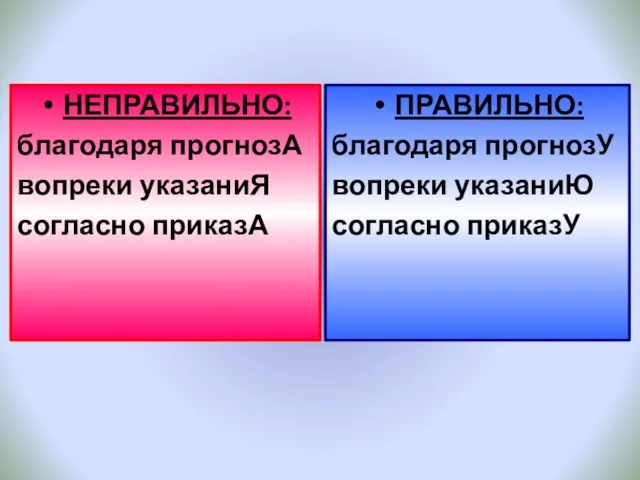 ПРАВИЛЬНО: благодаря прогнозУ вопреки указаниЮ согласно приказУ НЕПРАВИЛЬНО: благодаря прогнозА вопреки указаниЯ согласно приказА