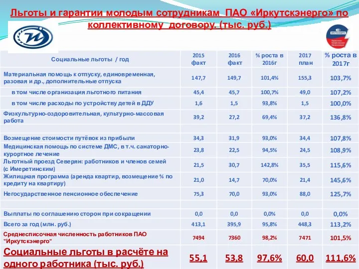 Льготы и гарантии молодым сотрудникам ПАО «Иркутскэнерго» по коллективному договору. (тыс. руб.)