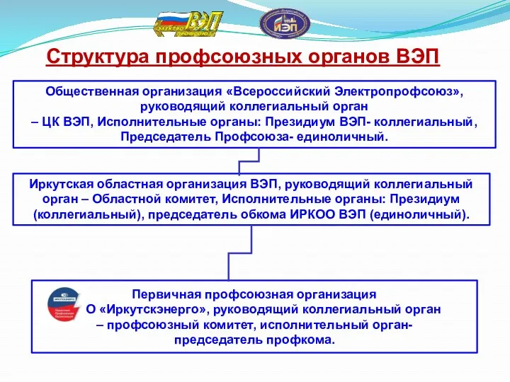 Структура профсоюзных органов ВЭП Общественная организация «Всероссийский Электропрофсоюз», руководящий коллегиальный
