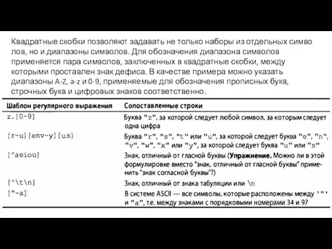 Квадратные скобки позволяют задавать не только наборы из отдельных симво­лов,