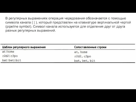 В регулярных выражениях операция чередования обозначается с помощью символа канала