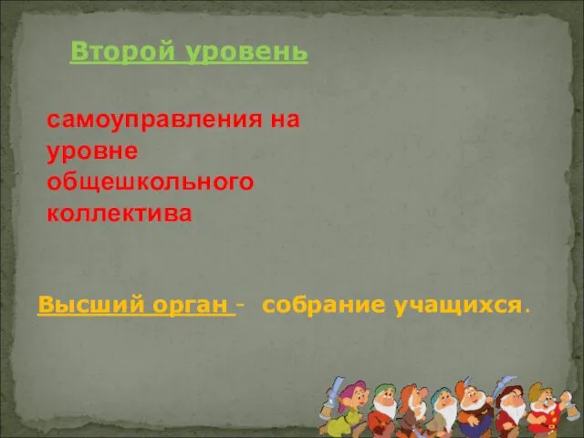 Второй уровень самоуправления на уровне общешкольного коллектива Высший орган - собрание учащихся.