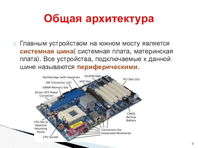 Главным устройством на южном мосту является системная шина( системная плата,