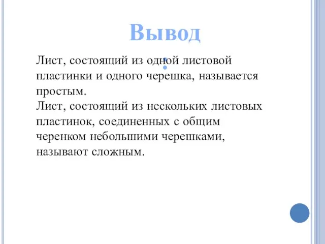 Вывод: Лист, состоящий из одной листовой пластинки и одного черешка,