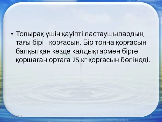 Топырақ үшін қауіпті ластаушылардың тағы бірі - қорғасын. Бір тонна