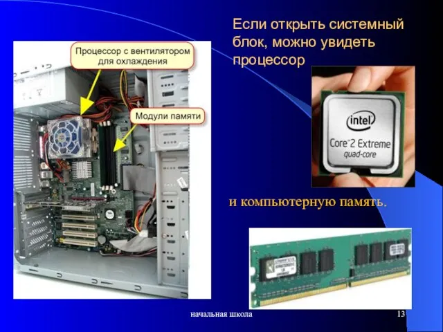 Если открыть системный блок, можно увидеть процессор начальная школа и компьютерную память.