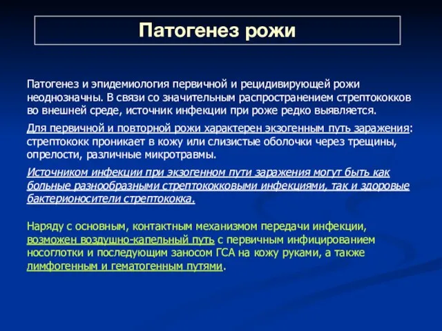 Патогенез рожи Патогенез и эпидемиология первичной и рецидивирующей рожи неоднозначны.