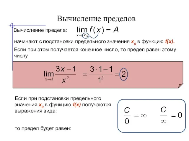 Вычисление пределов Вычисление предела: начинают с подстановки предельного значения x0