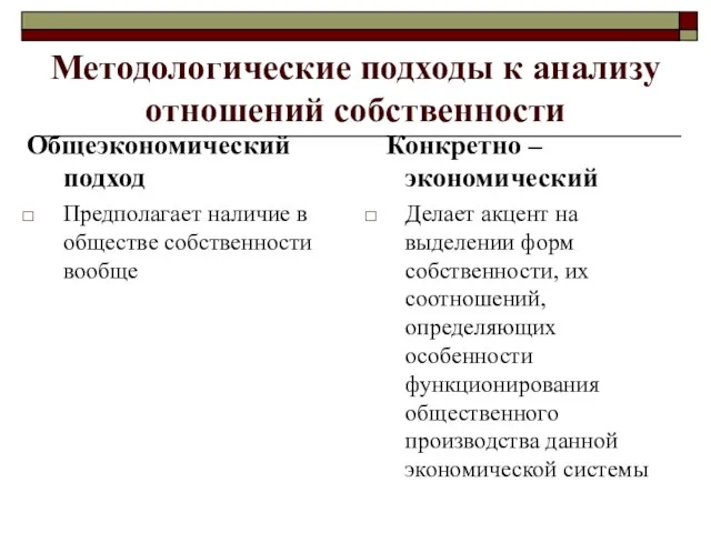 Методологические подходы к анализу отношений собственности Общеэкономический подход Предполагает наличие