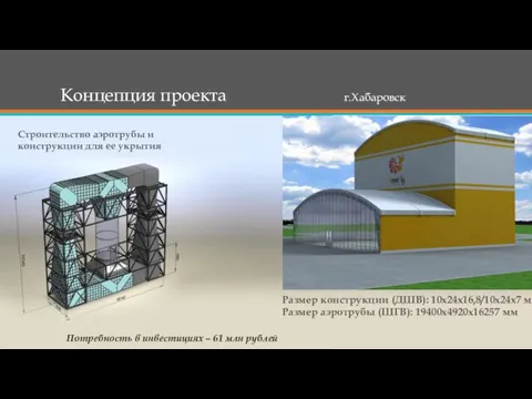 Концепция проекта г.Хабаровск Размер конструкции (ДШВ): 10х24х16,8/10х24х7 м Размер аэротрубы