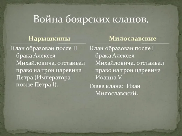 Нарышкины Клан образован после II брака Алексея Михайловича, отстаивал право