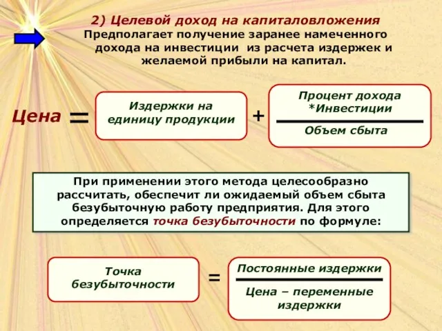 2) Целевой доход на капиталовложения Предполагает получение заранее намеченного дохода