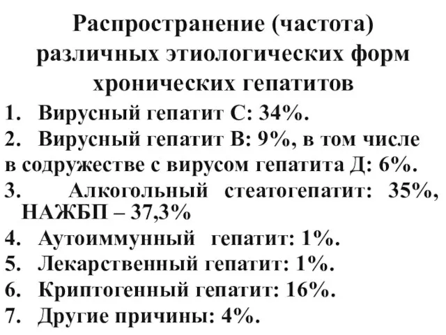 Распространение (частота) различных этиологических форм хронических гепатитов 1. Вирусный гепатит