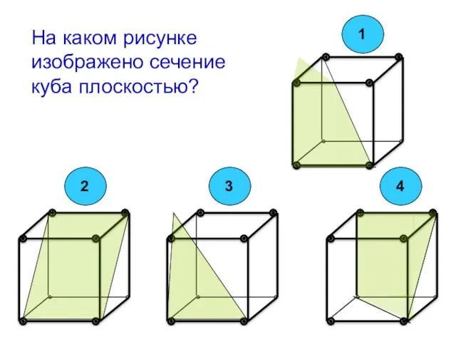 На каком рисунке изображено сечение куба плоскостью?