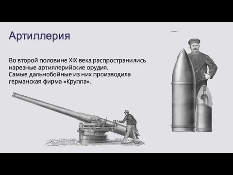 Артиллерия Во второй половине XIX века распространились нарезные артиллерийские орудия.