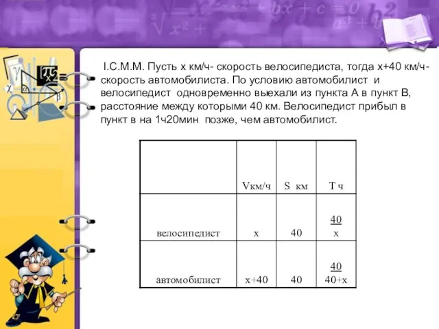 I.С.М.М. Пусть х км/ч- скорость велосипедиста, тогда х+40 км/ч- скорость