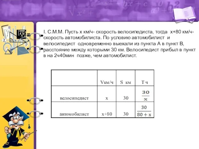 I. С.М.М. Пусть х км/ч- скорость велосипедиста, тогда х+80 км/ч-