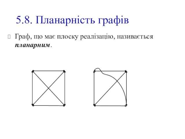 5.8. Планарність графів Граф, що має плоску реалізацію, називається планарним.