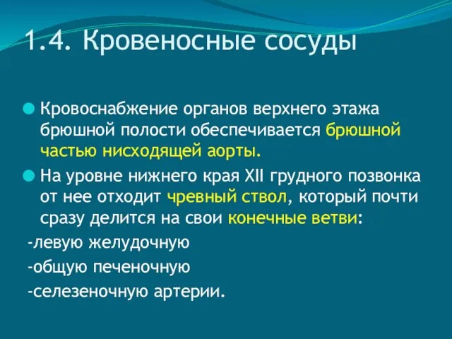 1.4. Кровеносные сосуды Кровоснабжение органов верхнего этажа брюшной полости обеспечивается