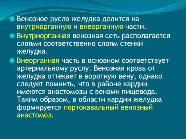 Венозное русло желудка делится на внутриорганную и внеорганную части. Внутриорганная