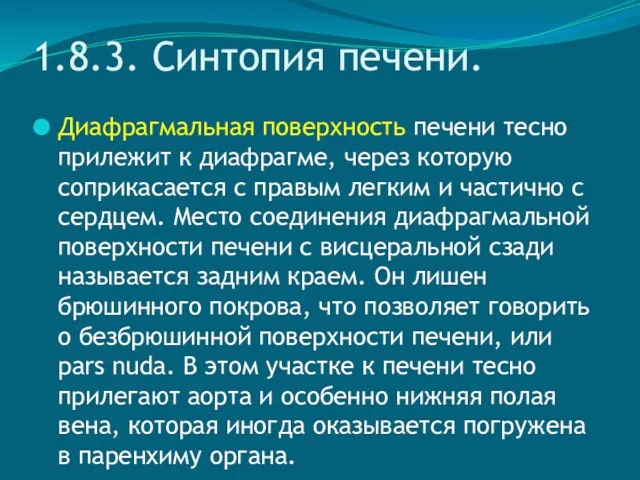 1.8.3. Синтопия печени. Диафрагмальная поверхность печени тесно прилежит к диафрагме,