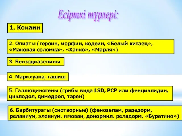 Есірткі түрлері: 2. Опиаты (героин, морфин, кодеин, «Белый китаец», «Маковая