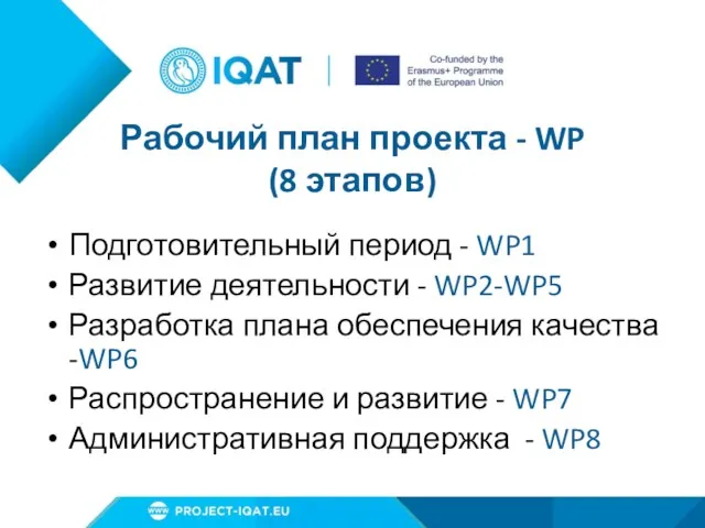 Рабочий план проекта - WP (8 этапов) Подготовительный период - WP1 Развитие деятельности